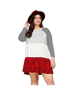 Плюс Размер Симпатичное Горошек И Животный Принт Контрастное Свободное Ярусное Платье, красный Fashnzfab