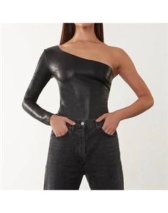 Боди из искусственной кожи с длинным рукавом и одним плечом черного цвета Commando