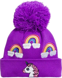 Детская шапка с помпоном в виде единорога из черепашьего меха, цвет Grape Turtle fur