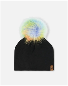 Черная однотонная трикотажная съемная шапка с разноцветным помпоном Deux par deux