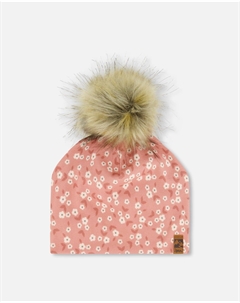 Съемная шапка-помпон из джерси с принтом, маленькие белые цветы на бледно-розовом Deux par deux