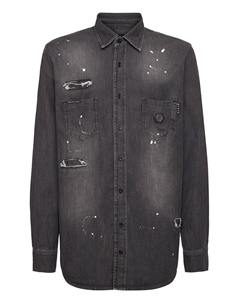 Джинсовая рубашка Хрустальный череп, цвет carbon dust Philipp plein