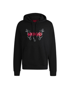 Толстовка с капюшоном из хлопчатобумажной махры с анималистичными принтами, черный Hugo