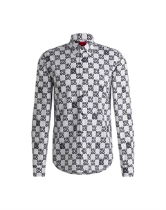 Рубашка облегающего кроя из хлопкового поплина с сезонным принтом, белый Hugo