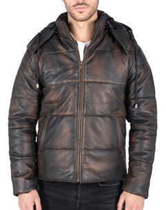 Мужская кожаная куртка-пуховик с капюшоном, чёрный/коричневый Truclothing