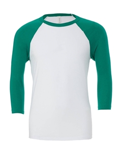 Мужская бейсбольная футболка с рукавом 3/4 из холста, цвет white/kelly green Bella+canvas