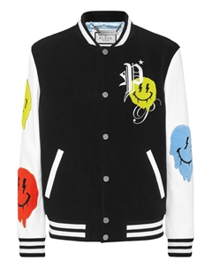 Шерстяная куртка-бомбер в стиле колледжа с кожаными рукавами Smile, черный Philipp plein