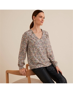 Блузка с V-образным вырезом цветочным принтом и длинными рукавами бежевый Laredoute