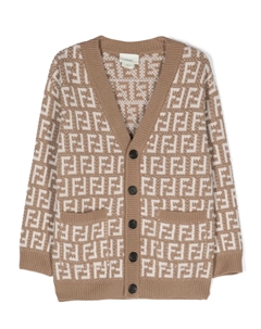 Кардиган вязки интарсия с V-образным вырезом и логотипом FF, нейтральный Fendi kids