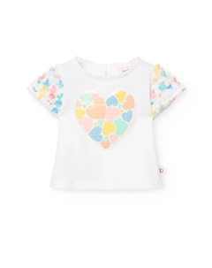 Футболка для девочки с короткими рукавами и сердечками, белый Boboli