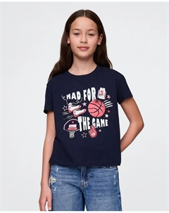 Футболка для девочек из мягкого хлопкового трикотажа с круглым вырезом и короткими рукавами, тёмно-синий Gap