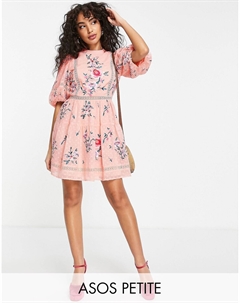 Розовое мини-платье в горошек с вышивкой и кружевной отделкой DESIGN Petite Asos