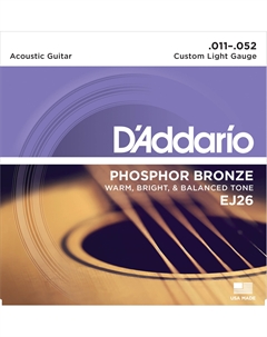 Струны для акустических гитар, металлические D'ADDARIO EJ26 Phosphor Bronze, Custom Light, 11-52 D`addario