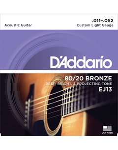 Струны для акустических гитар, металлические D'ADDARIO EJ13 80/20 BRONZE CUSTOM LIGHT 11-52 струны для акустической гитары, бронза, 11-52 D`addario