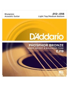 Струны для акустических гитар, металлические D'ADDARIO EJ19 PHOSPHOR BRONZE ACOUSTIC GUITAR STRINGS, BLUEGRASS, 12-56 D`addario