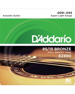 Струны для акустических гитар, металлические D'ADDARIO EZ890 SET ACOUS GTR 85/15 SUP LITE струны для акустической гитары, бронза 85/15, Super Light, 9-45 D`addario