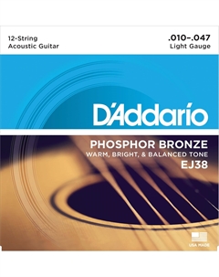 Струны для акустических гитар, металлические D'ADDARIO EJ38 12-STRING PHOSPHOR BRONZE LIGHT 10-47 струны для 12-струнной акустической гитары, фосфорная бронза, 10-47 D`addario