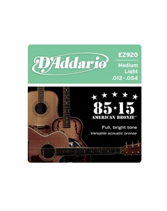 Струны для акустических гитар, металлические D'ADDARIO EZ920 SET ACOUS GTR 85/15 MED LITE D`addario