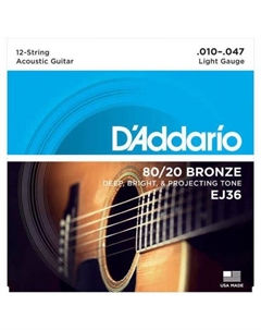 Струны для акустических гитар, металлические D'ADDARIO EJ36 BRONZE 12-STRING ACOUSTIC GUITAR STRINGS, LIGHT, 10-47 D`addario