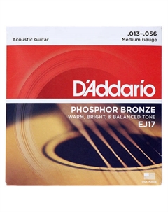 Струны для акустических гитар, металлические D'ADDARIO EJ17 PHOSPHOR BRONZE ACOUSTIC GUITAR STRINGS MEDIUM 13-56 D`addario