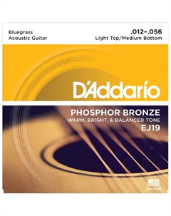 Струны для акустических гитар, металлические D'ADDARIO EJ19 PHOSPHOR BRONZE ACOUSTIC GUITAR STRINGS, BLUEGRASS, 12-56 струны для акустической гитары, сталь/бронза, 12-56' D`addario