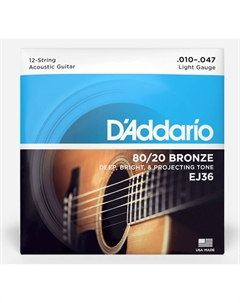 Струны для акустических гитар, металлические D'ADDARIO EJ36 BRONZE 12-STRING ACOUSTIC GUITAR STRINGS, LIGHT, 10-47 струны для 12-струнной акустической гитары, сталь/бронза D`addario
