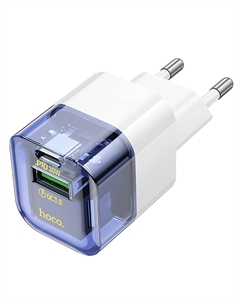 Сетевое зарядное устройство Hoco Transparent C131a 30 Вт, USB, EU, USB type-C, Quick Charge, PD, белый/синий (6942007609838)