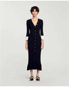 Длинное трикотажное платье с контрастными манжетами, чёрный Sandro