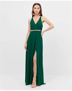 Длинное платье с V-образным вырезом и боковым разрезом, зеленый Veneno en la piel