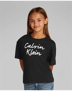 Свободная футболка для девочек с короткими рукавами и логотипом, чёрный Calvin klein