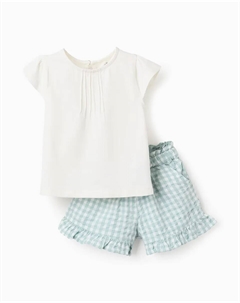 Комплект из простой футболки и шорт в клетку для малышки, голубой Zippy