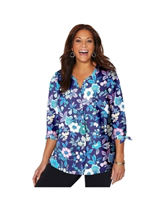 Женская блузка в стиле кафе с завязками на пуговицах и пуговицами, большие размеры,, цвет Navy Multi Floral Catherine's