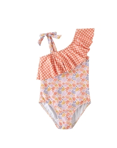 Девичий купальник с цветочным принтом и оранжевой оборкой в клетку, оранжевый Dadati