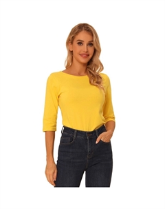 Женская классическая футболка узкого кроя с рукавами до локтя и вырезом лодочкой, желтый Allegra k