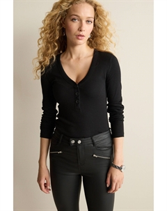 Топ Henley в рубчик с длинными рукавами и пуговицами, черный Next