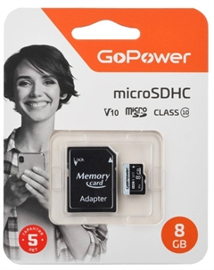 Карта памяти MicroSDHC 8GB 00-00025673 Class10 15 МБ/сек V10 с адаптером Gopower