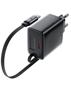 Зарядное устройство сетевое ACEFAST A110 PD 30W Gan Charger USB-C+USB-C With Retractable Cable с кабелем. Цвет: черный Acefast