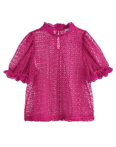 Блузка с воротником-стойкой короткие рукава из гипюра розовый Laredoute