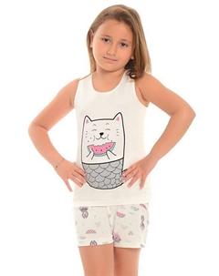 Пижамный комплект для девочек с толстыми хлопковыми лямками и шортами с рисунком, экрю Little frog kids