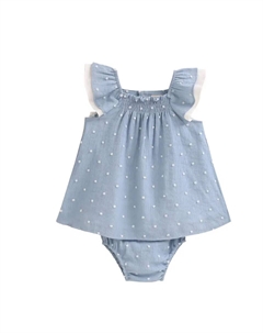 Платье для девочки в синем плюмети в белый горошек и трусики в тон, синий Dadati