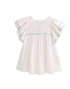 Белое девичье платье с голубыми краями и бантом из плюмети на спине, белый Dadati