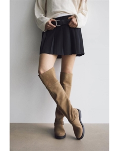 Сапоги кожаные на плоской подошве до колена, бежевый Pull & bear