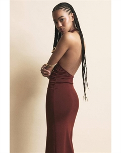 Платье миди с завязками на шее и сборками, коричневый Pull & bear