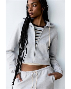 Укороченная толстовка с капюшоном на молнии, серый Pull & bear