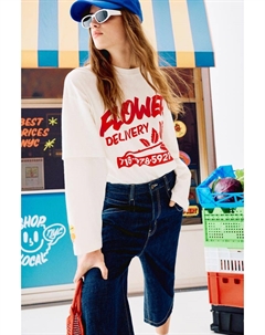 Футболка с двойными рукавами с надписью «Дели и бакалея», белый Pull & bear