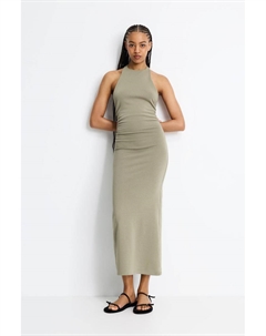 Платье миди с завязками на шее и сборками, хаки Pull & bear