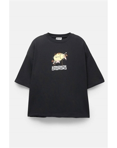 Толстовка с короткими рукавами с изображением коровы и курицы, черный Pull & bear