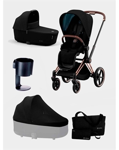 Коляска 2 в 1 Priam IV Rosegold, Sepia Black в комплекте с противомоскитной сеткой, сумкой-органайзером и подстаканником Cybex