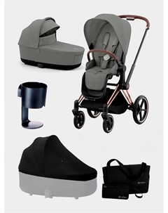 Коляска 2 в 1 Priam IV Rosegold цвет Mirage Grey в комплекте с противомоскитной сеткой, сумкой-органайзером и подстаканником Cybex