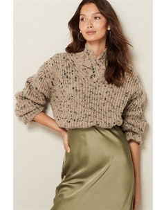 Рубчатый свитер с высоким V-образным вырезом, коричневый Next